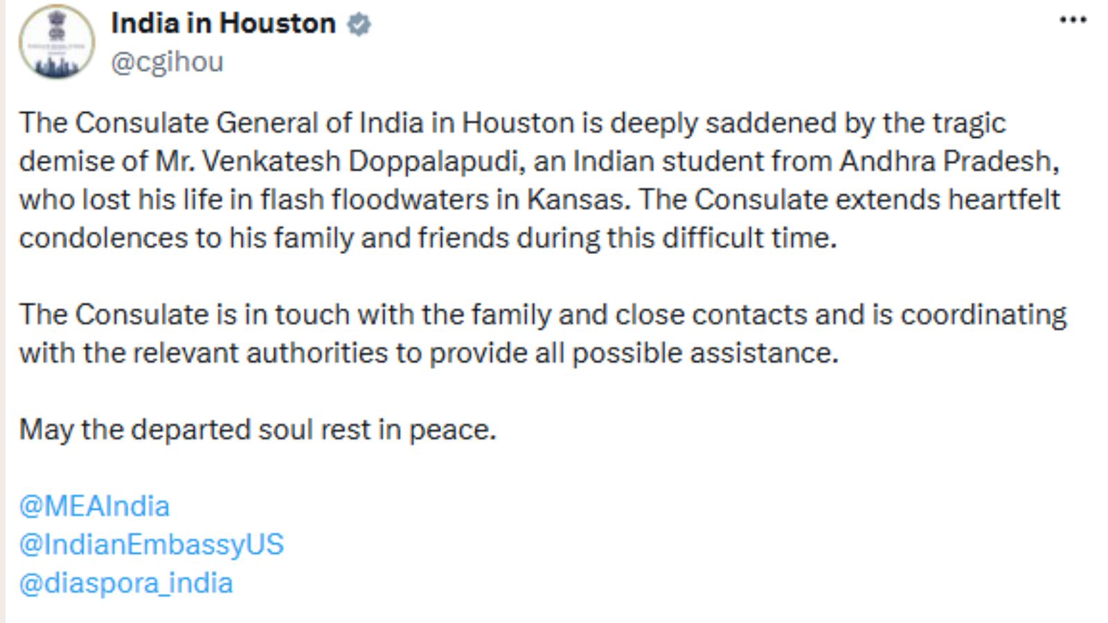 Indian tech professional dies in Kansas flash floods