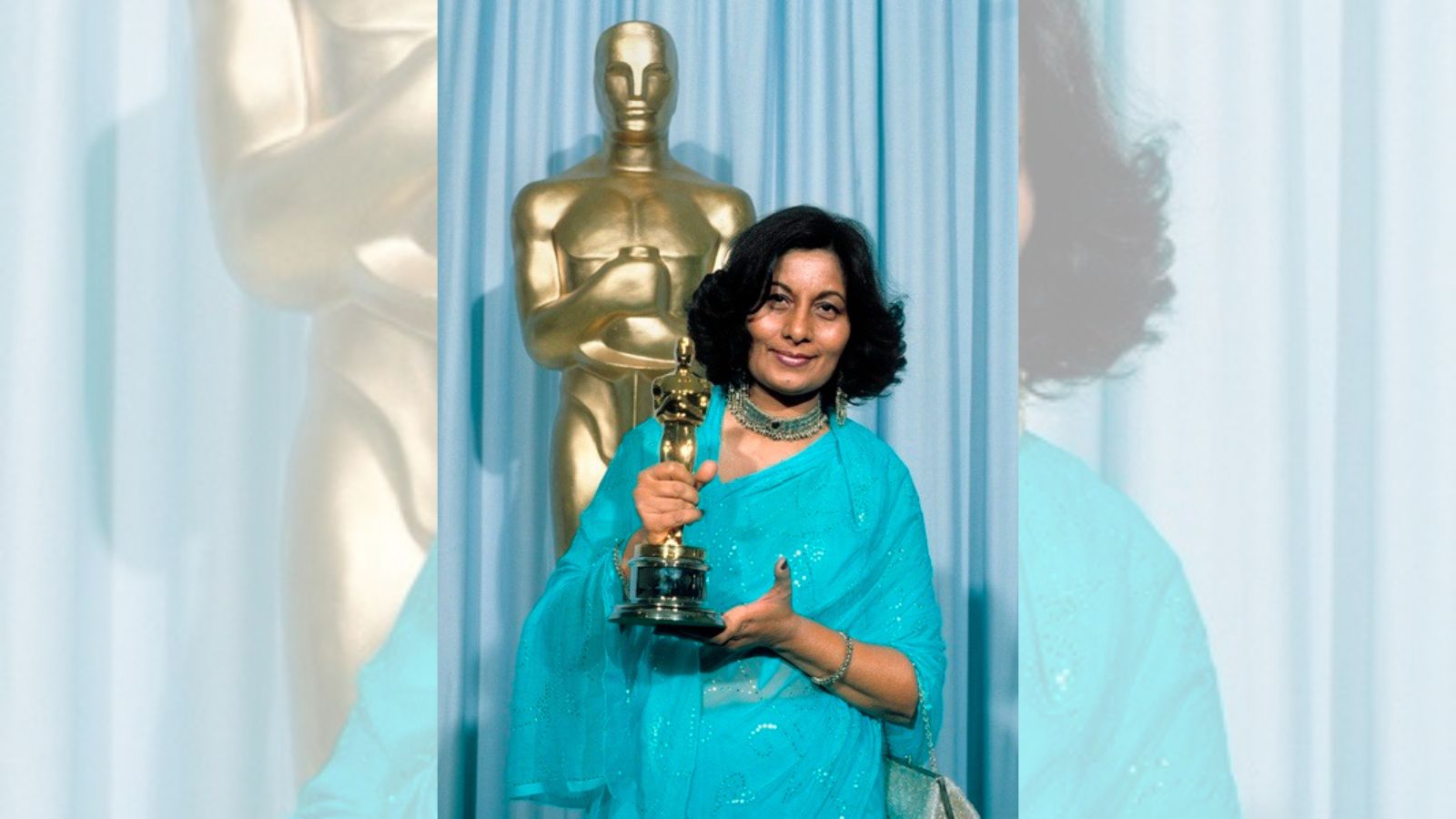 Bhanu Athaiya after receiving her Oscar for Best Costume Design. Photo: Wikimedia Commons
