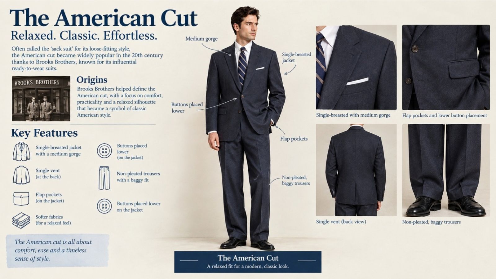 An American cut suit features. AI generated image.