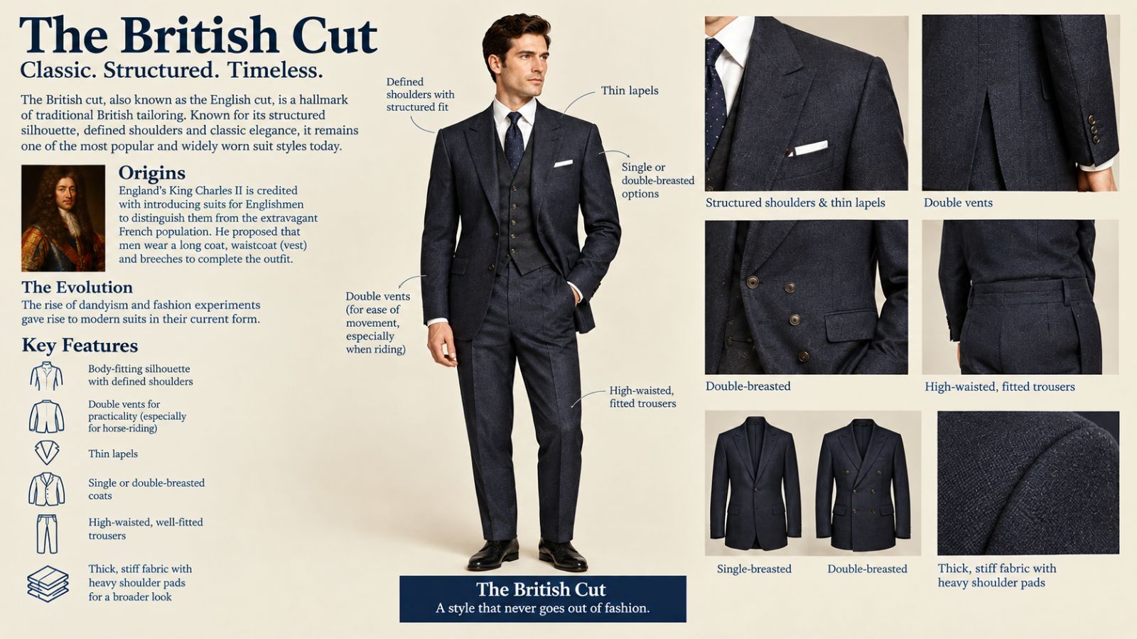 A British/English cut suit features. AI generated image