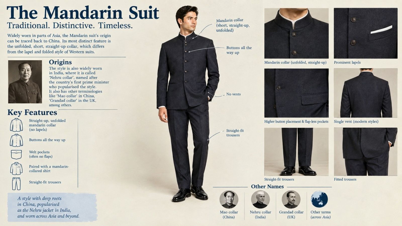 A Mandarin cut suit features. AI generated image.