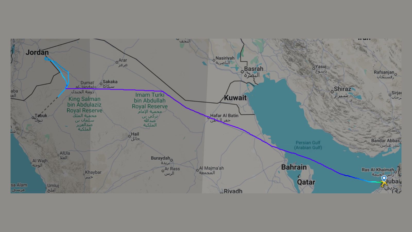 Flight radar data of flight FZ1073 from Dubai to Tel Aviv when it changed course over Saudi Arabia. Photo: Screengrab/flightradar24.com