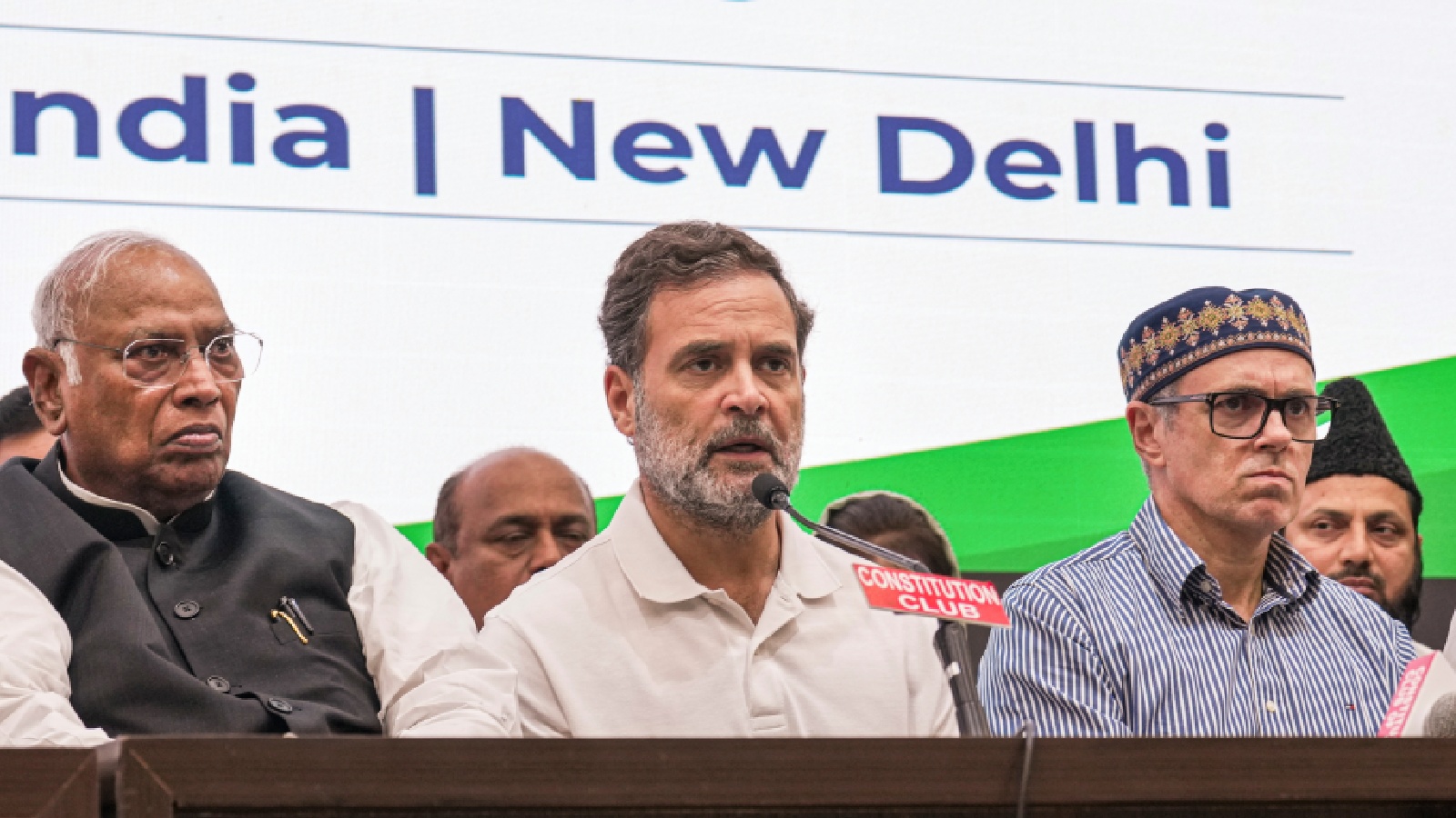 Rahul Gandhi during INDIA bloc press conference in Delhi. Photo: PTI