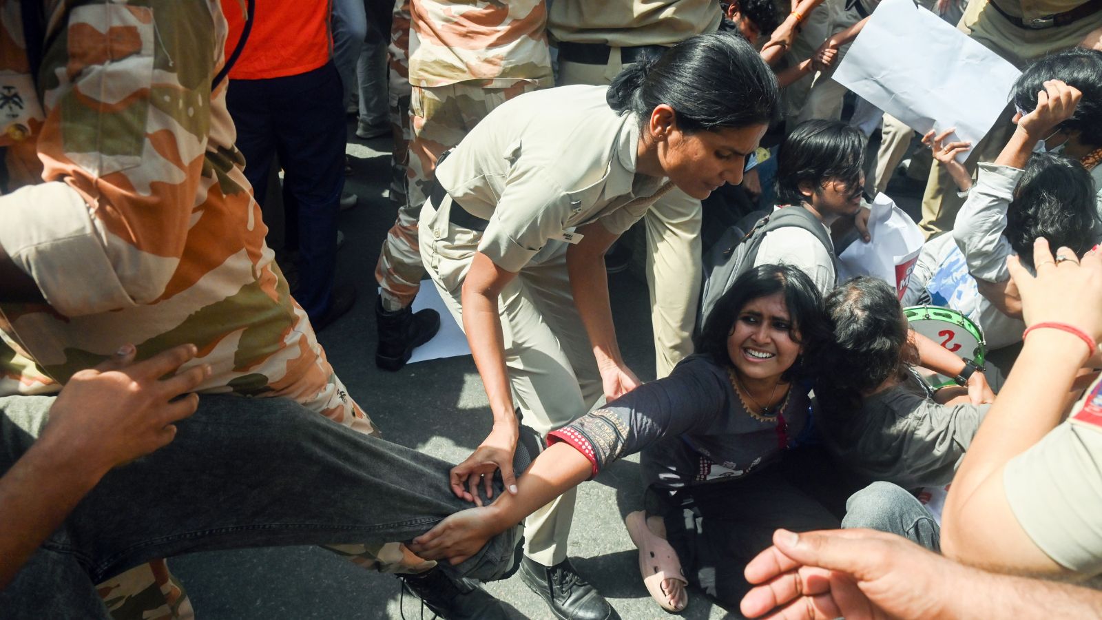 Police detain a protester during a protest at Jantar Mantar. Photo: ANI