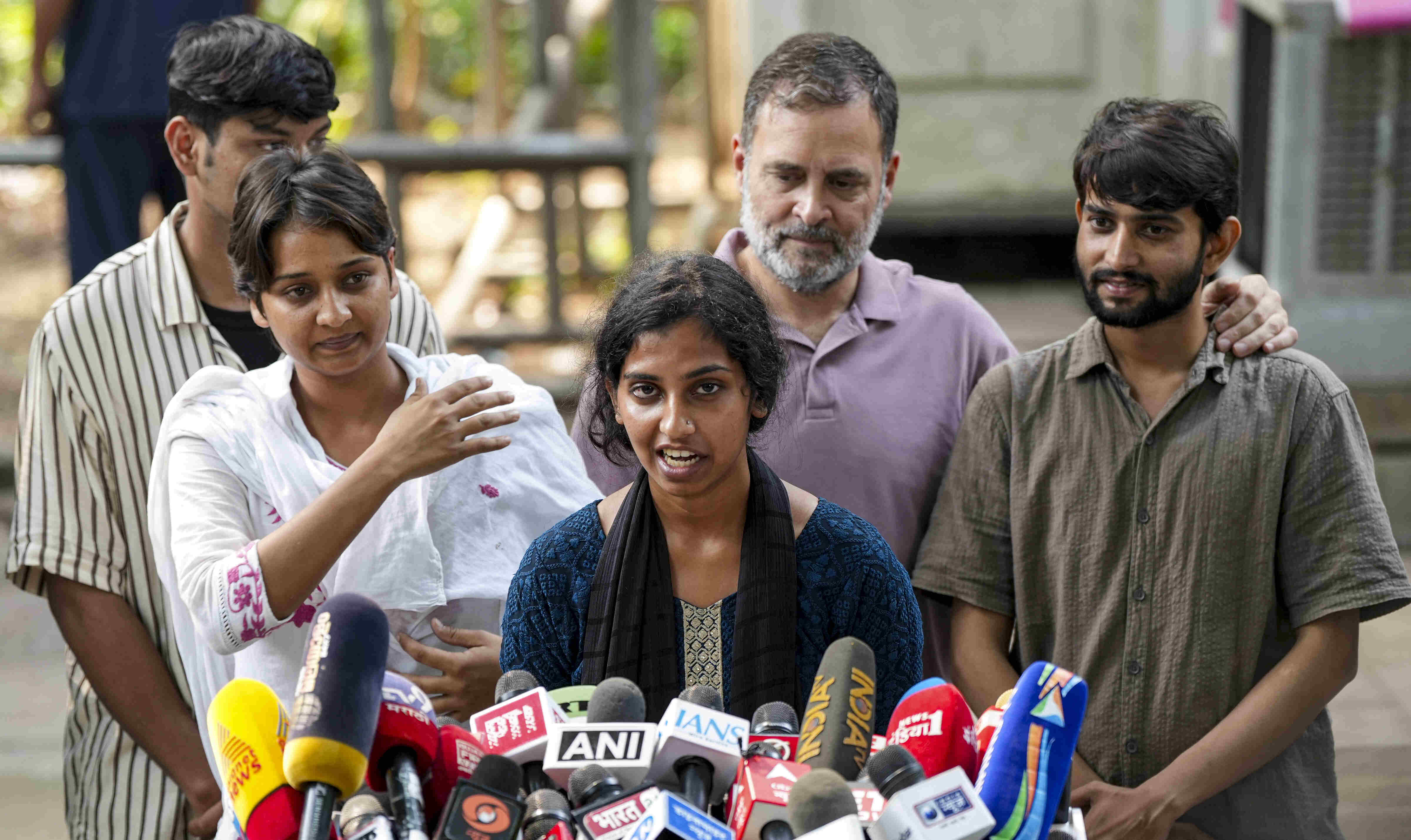 Rahul Gandhi with protesters, who were injured amid crackdown by police. PTI
