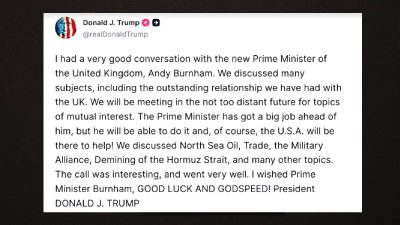 Trump says he had 'very good' call with UK's Burnham