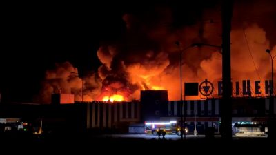 Russian drone attack sets hardware store ablaze in Ukraine's Sumy