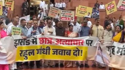 NDA MPs protest in Parliament, accuse Rahul Gandhi of avoiding debate